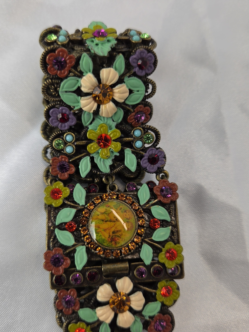 Antique Brass Floral Stretch Bracelet with Colorful Enamel Flowers - Picture 3 of 7